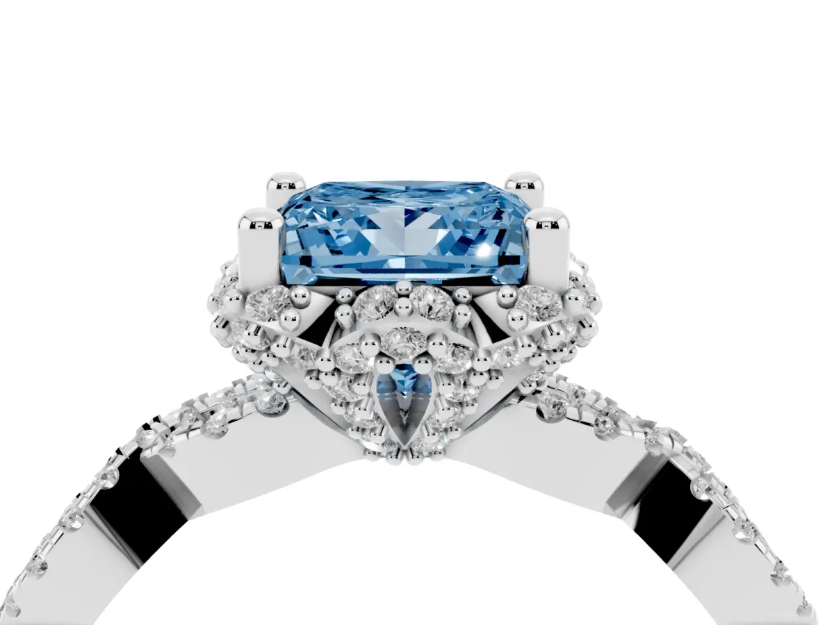Fancy Blue Princess Cut Halo Twist Band Solitaire Ring with Six-Prong Setting Platinum