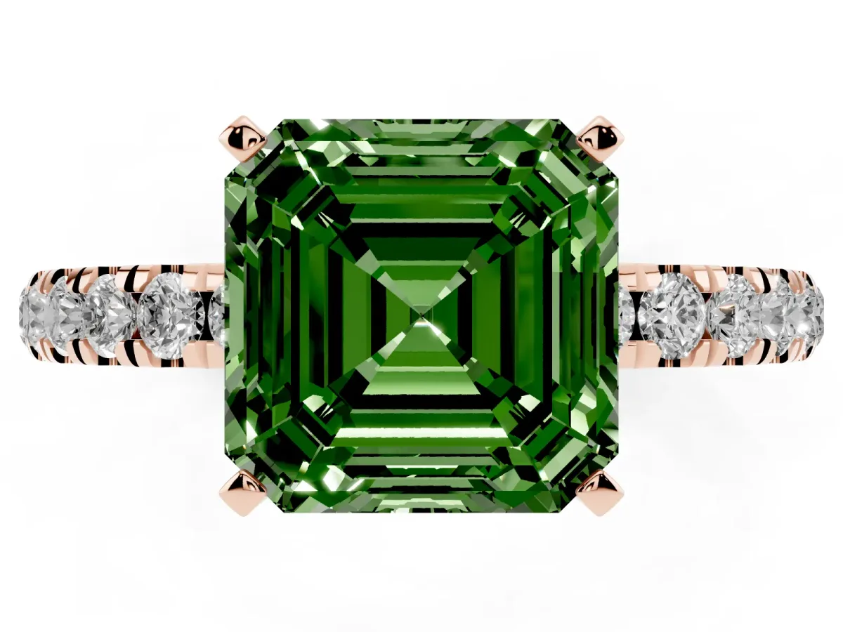 Fancy Green Asscher Cut Diamond Solitaire Ring with Pavé Accents and Four-Prong Setting Rose gold
