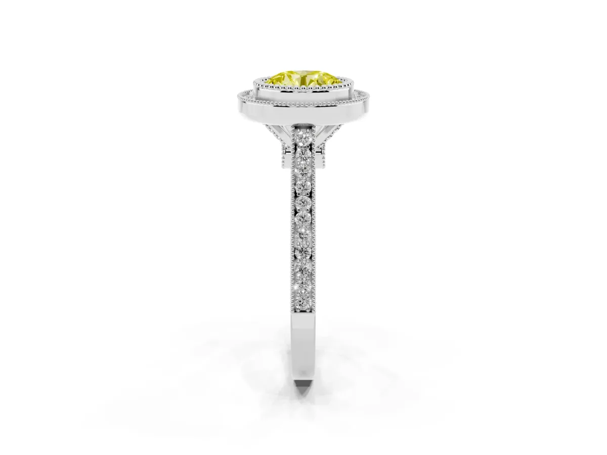 Fancy Yellow Round Cut Diamond Halo Ring with Milgrain Frame and Pavé Band Silver