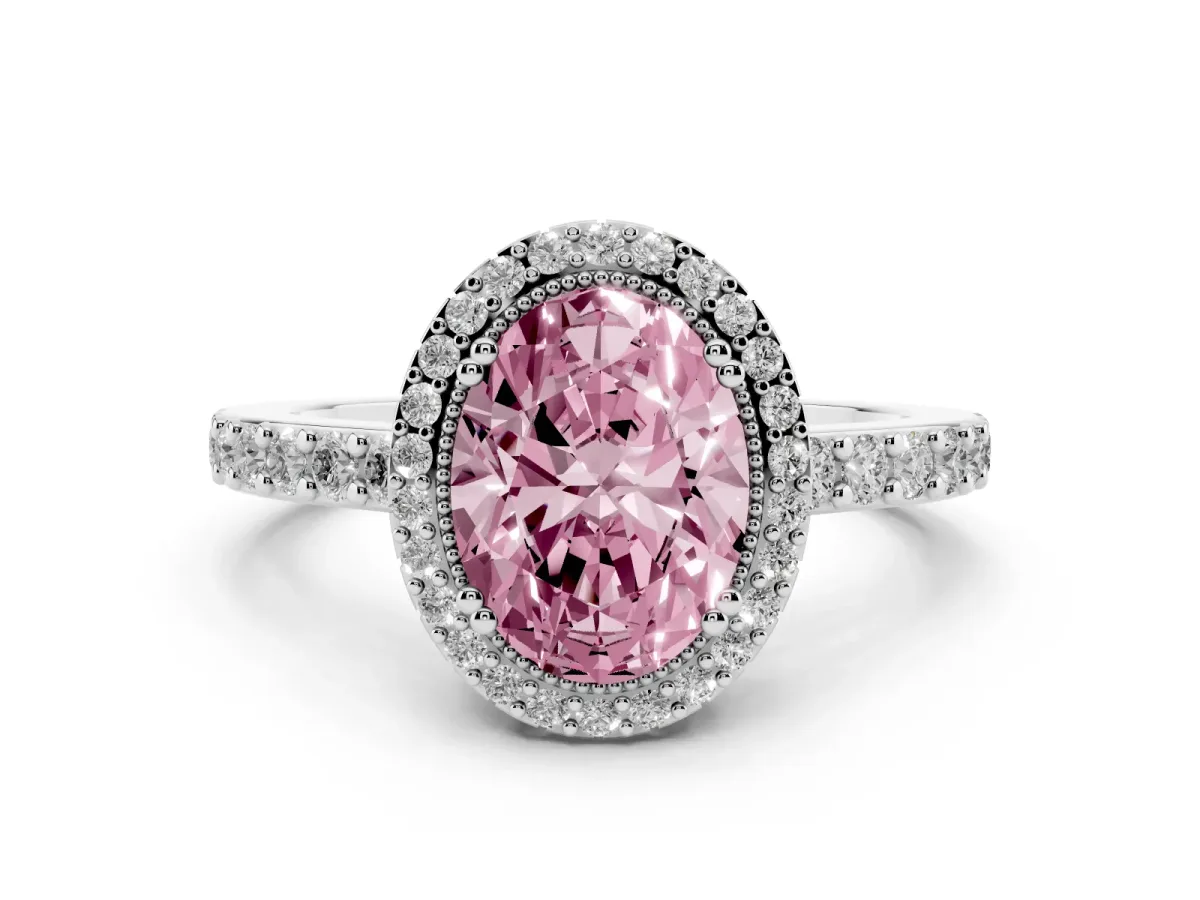 Fancy Pink Oval Cut Cut Diamond Halo Engagement Ring with Milgrain Detail and Pavé Band Silver