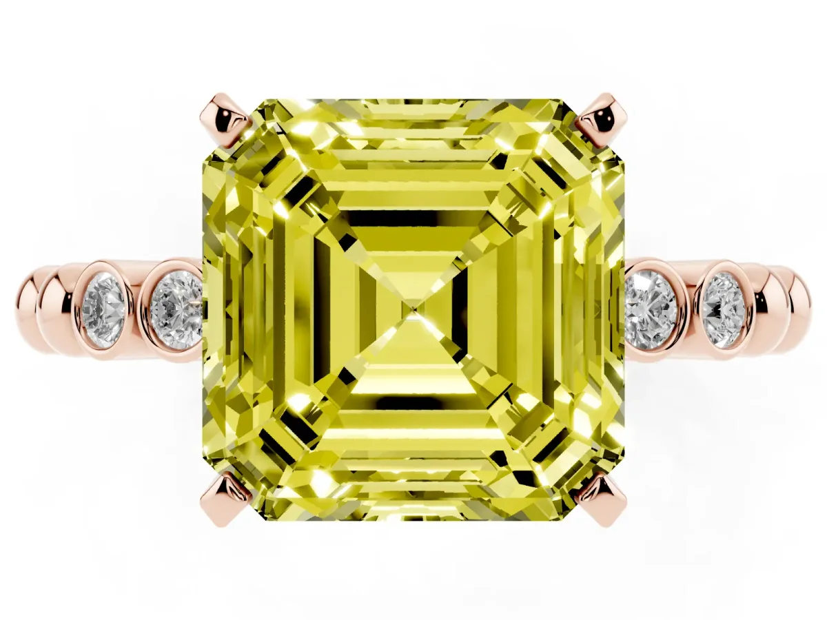 Fancy Yellow Asscher Cut Solitaire Bezel Accent Diamond Engagement Ring with Beaded Band and Four-Prong Setting Rose gold