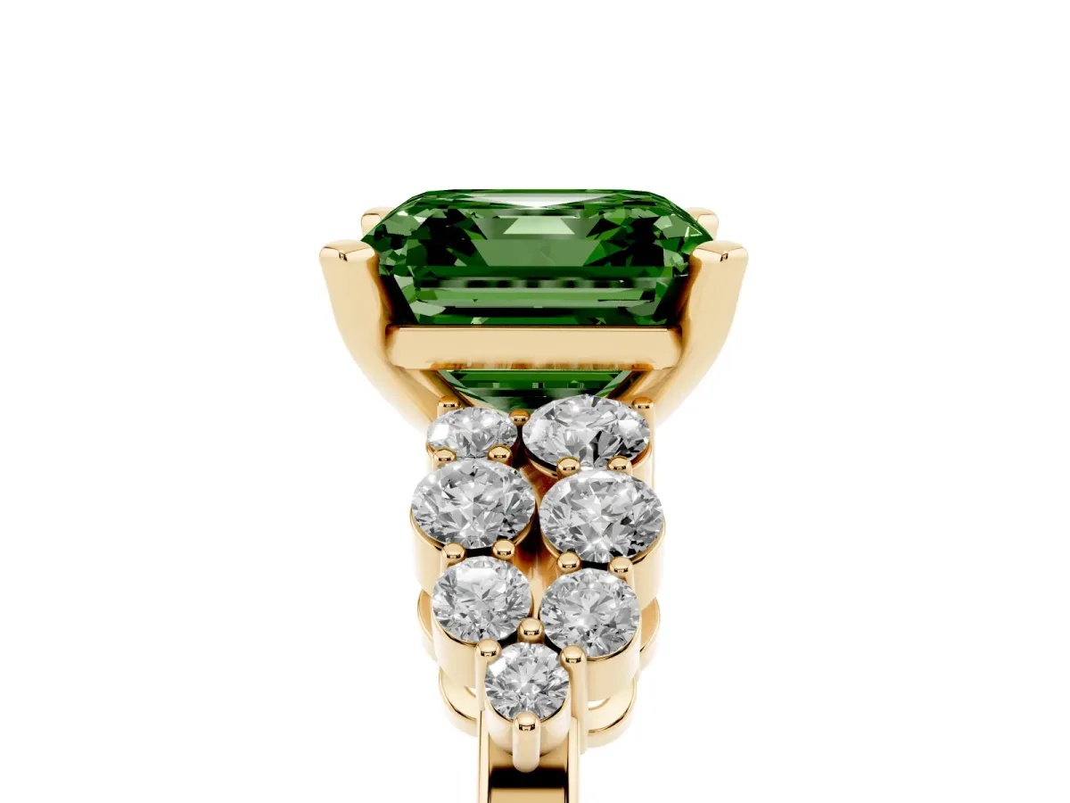 Fancy Green Asscher Cut Cluster Diamond Engagement Ring with Pavé Band and Four-Prong Setting Yellow gold