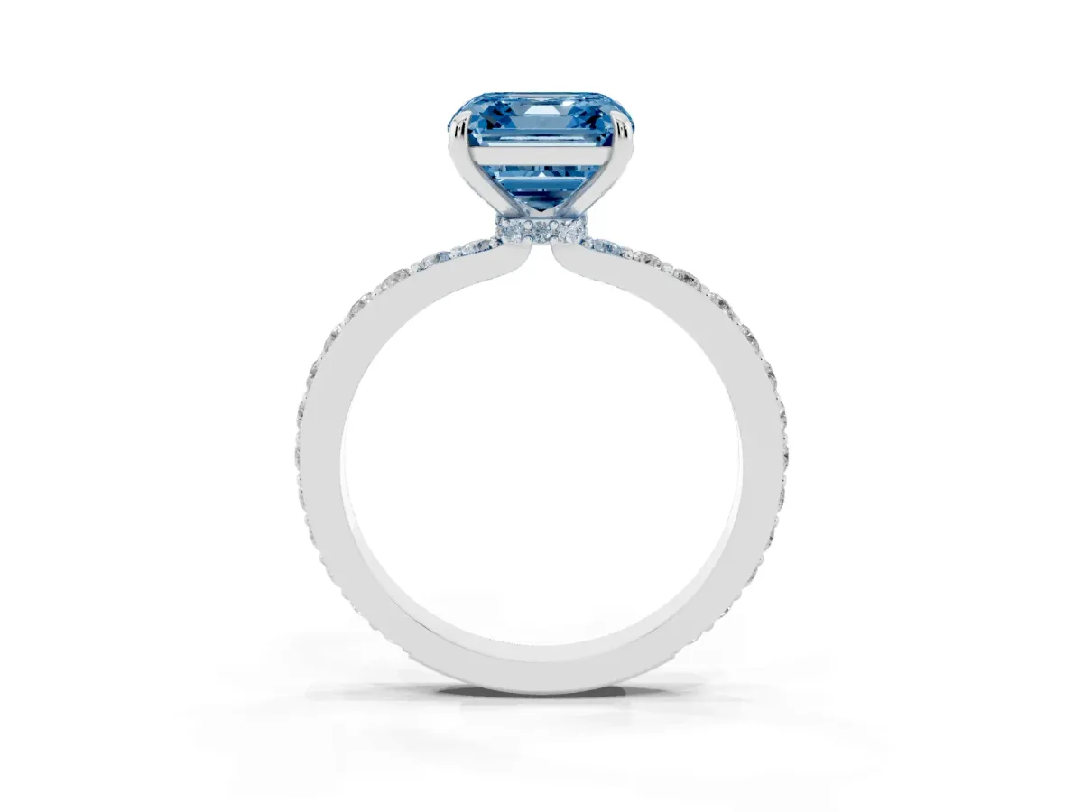 Fancy Blue Asscher Cut Diamond Solitaire Engagement Ring with Pavé Band and Four-Prong Setting Platinum
