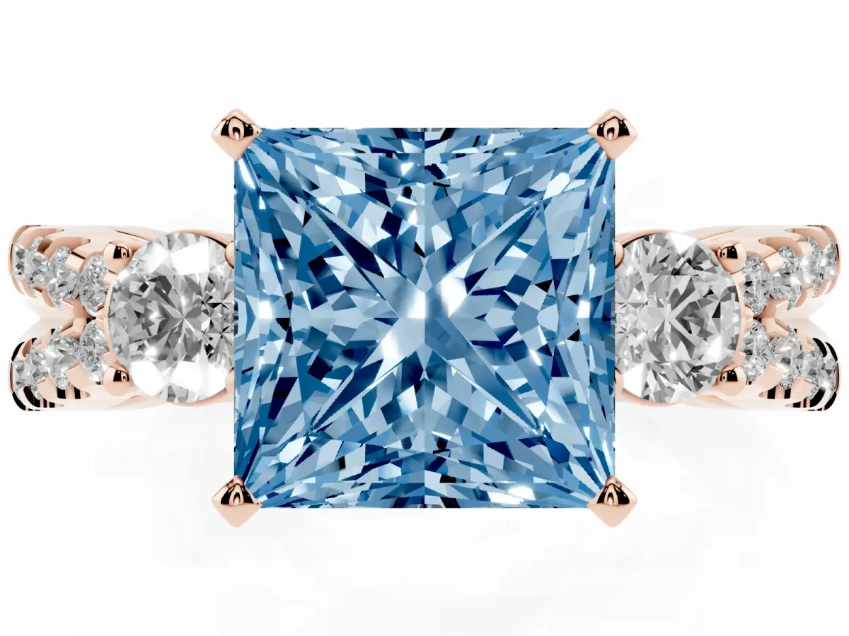 Fancy Blue Princess Cut Diamond Three-Stone Ring with Pavé Split Shank and Four-Prong Setting Rose gold