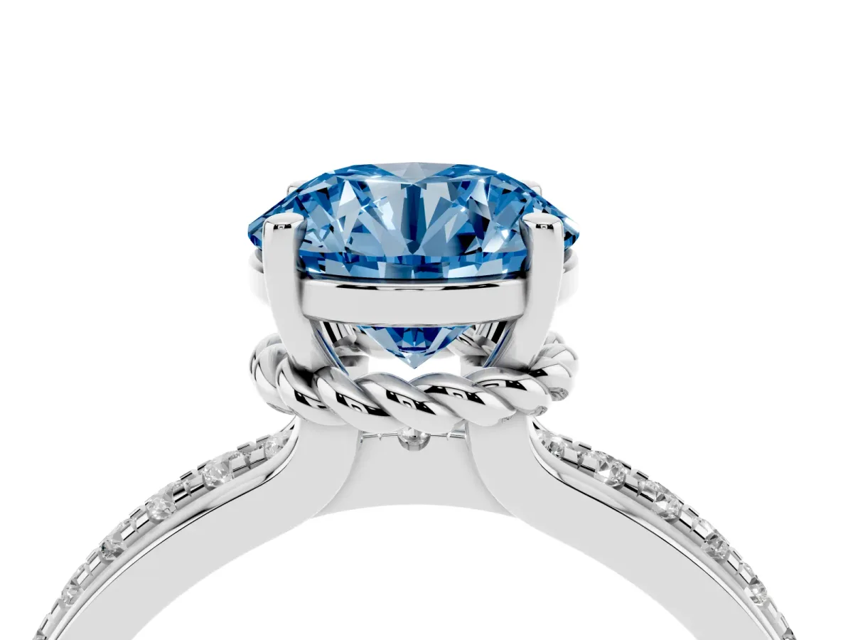 Fancy Blue Round Cut Solitaire Diamond Ring with Channel Set Band and Six-Prong Setting Silver