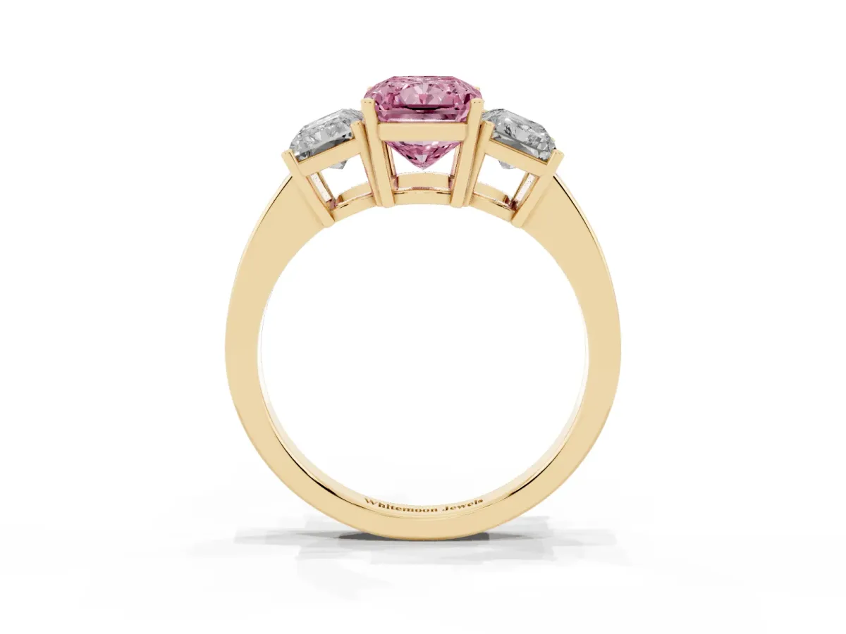 Fancy Pink Three-Stone Radiant Cut Cut Diamond Engagement Ring with Flat Band and Four-Prong Setting Yellow gold