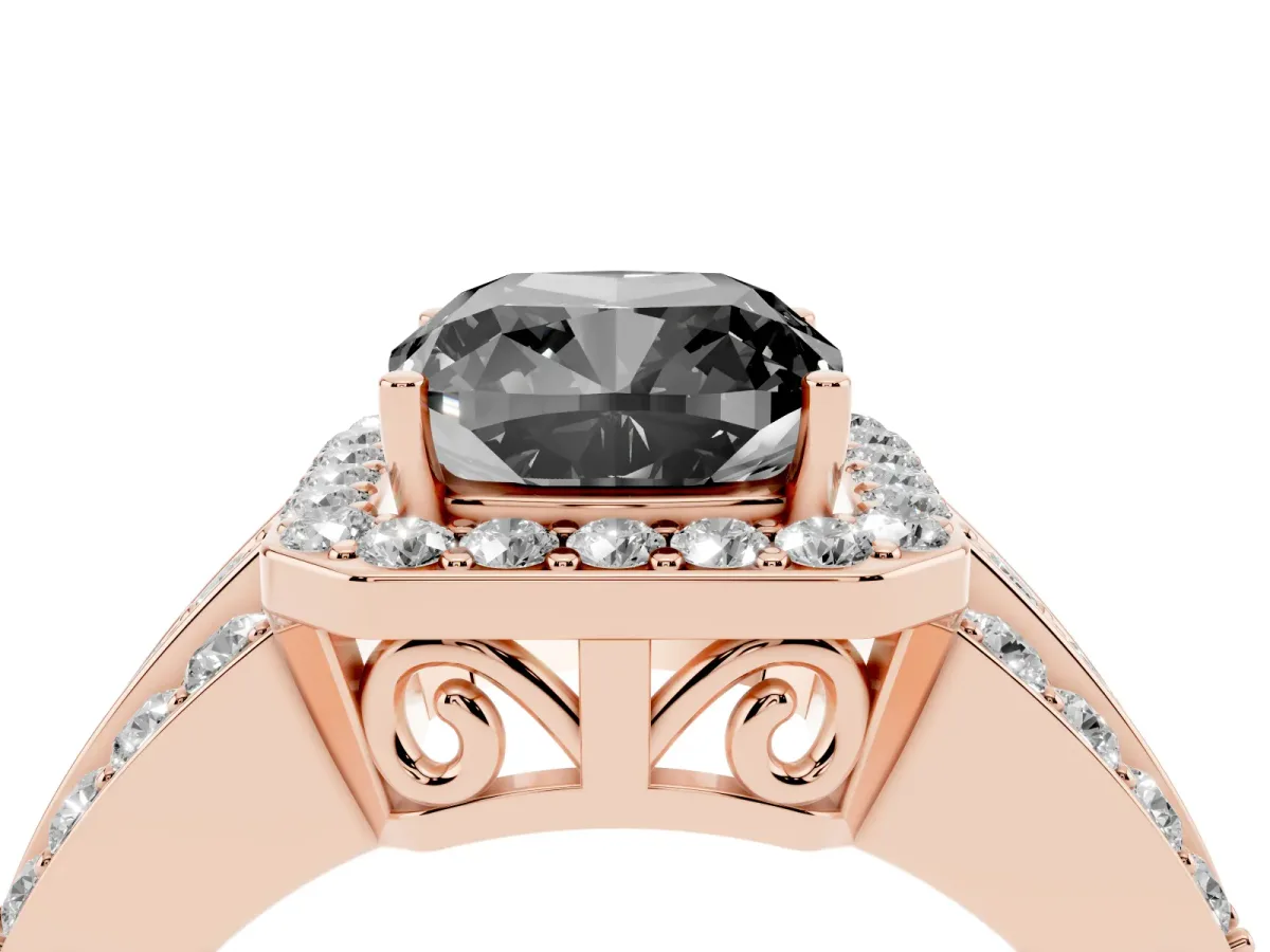 Fancy Black Cushion Cut Halo Diamond Ring with Round Split Shank and Prong Setting Rose gold
