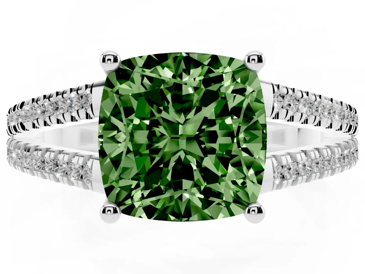 Fancy Green Cushion Cut Diamond Solitaire Engagement Ring with Split Shank Pavé Band Silver