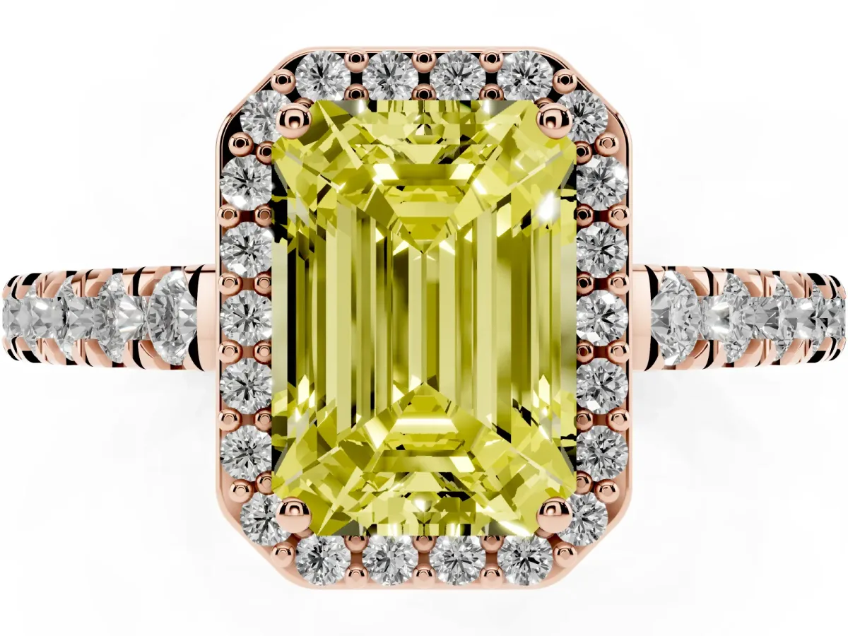 Fancy Yellow Emerald Cut Cut Halo Diamond Engagement Ring with Pave Band and Four-Prong Setting Rose gold