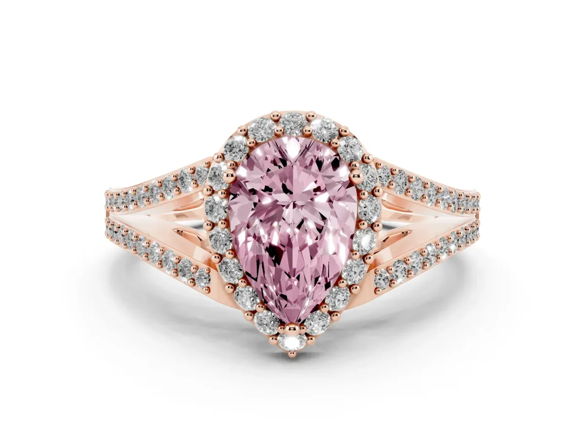 Fancy Pink Pear Cut Halo Split Shank Diamond Ring with Prong Setting Rose gold