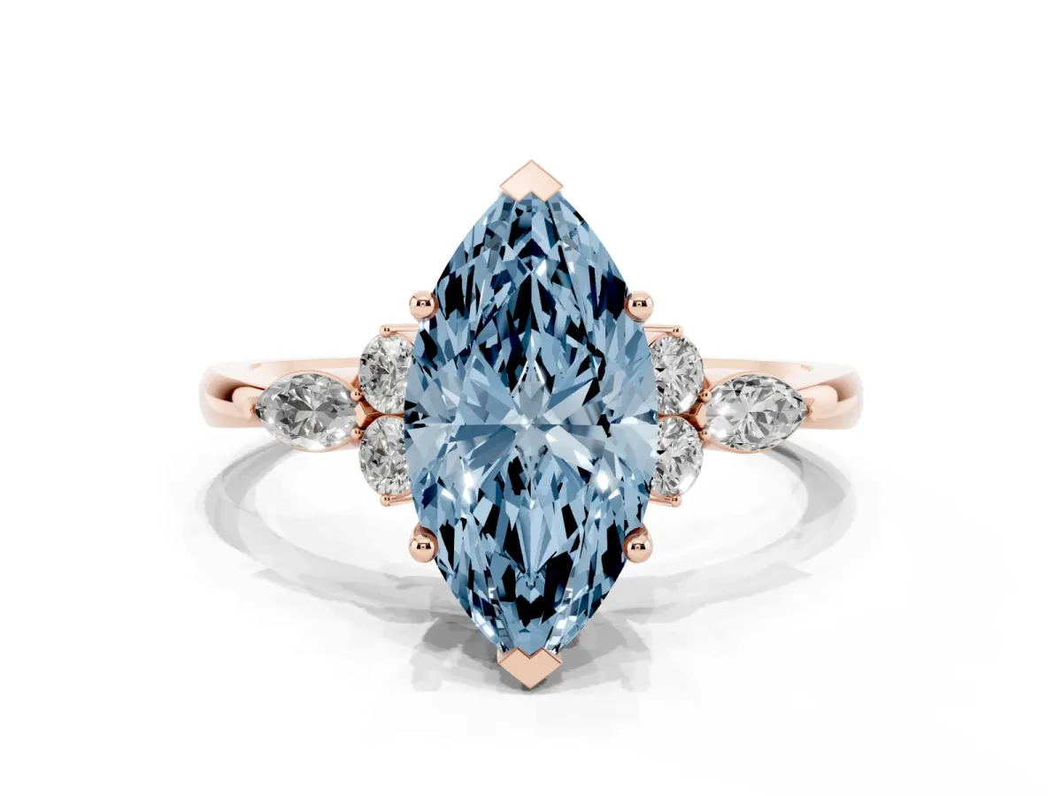 Fancy Blue Marquise Cut Brilliant Diamond Solitaire Ring with Pear Side Stones and Four-Prong Setting Rose gold