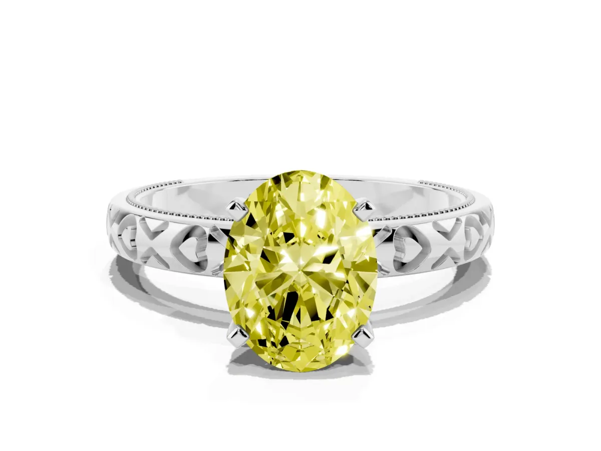 Fancy Yellow Oval Cut Solitaire Diamond Engagement Ring with XO Engraved Band and Four-Prong Setting Platinum