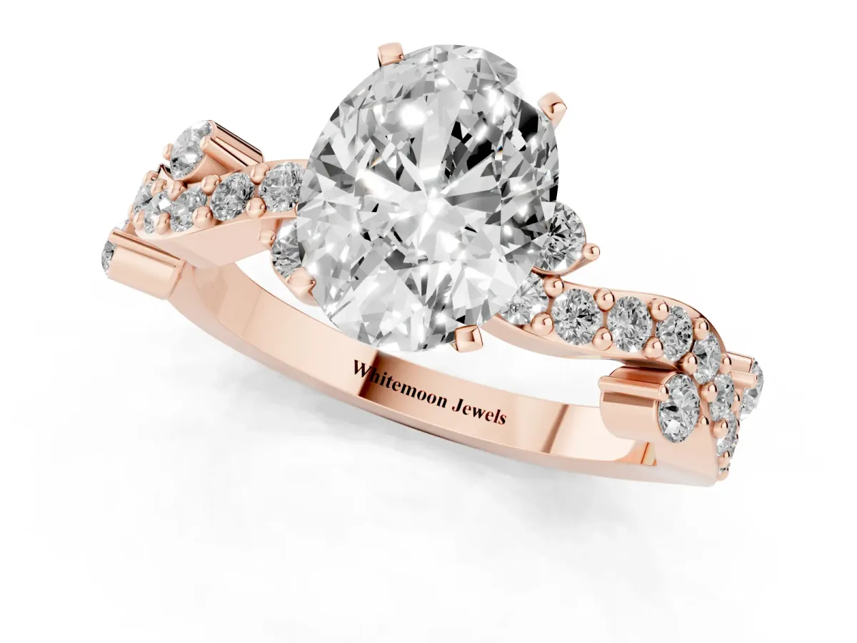 Oval Cut Cut Solitaire Diamond Twisted Band with Pave Setting Rose gold