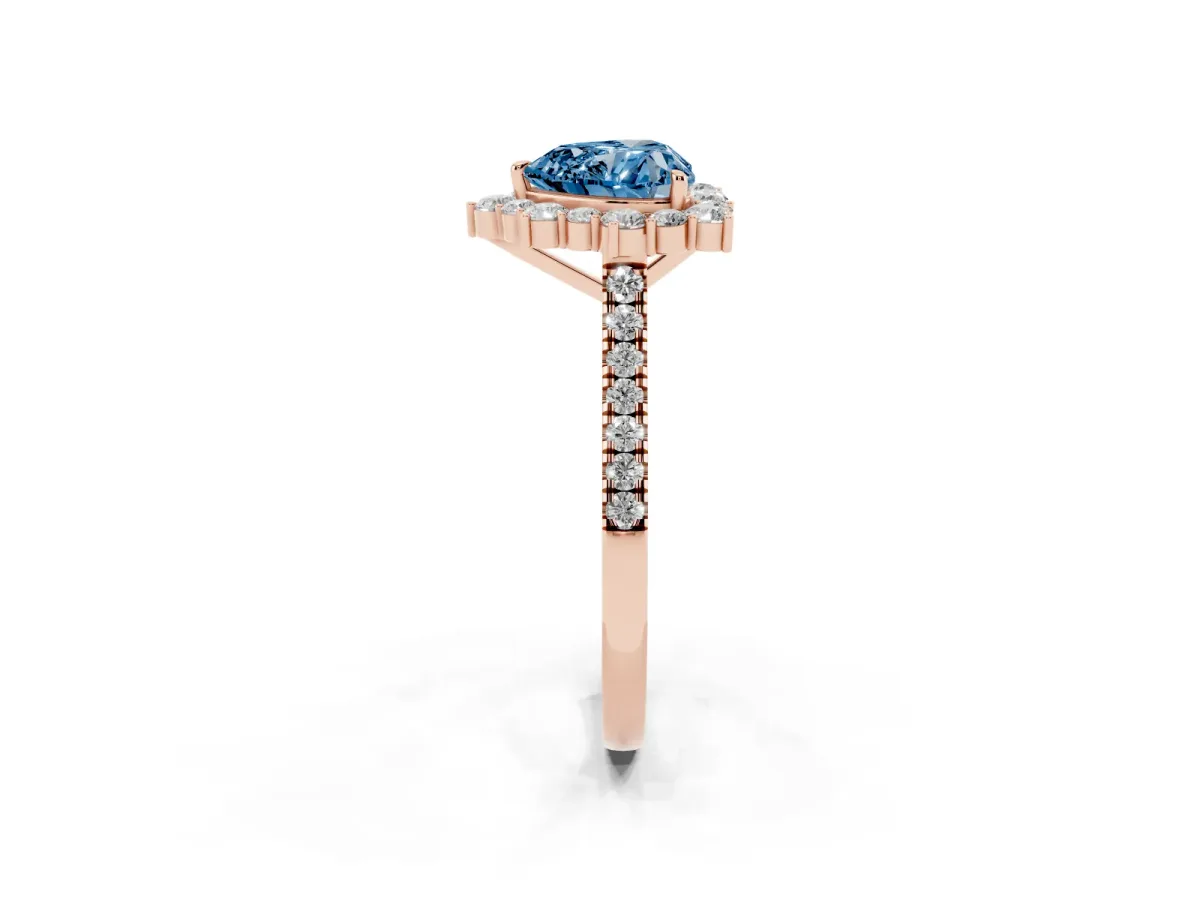 Fancy Blue Heart Cut Halo Diamond Ring with Pavé Band and Prong Setting Rose gold