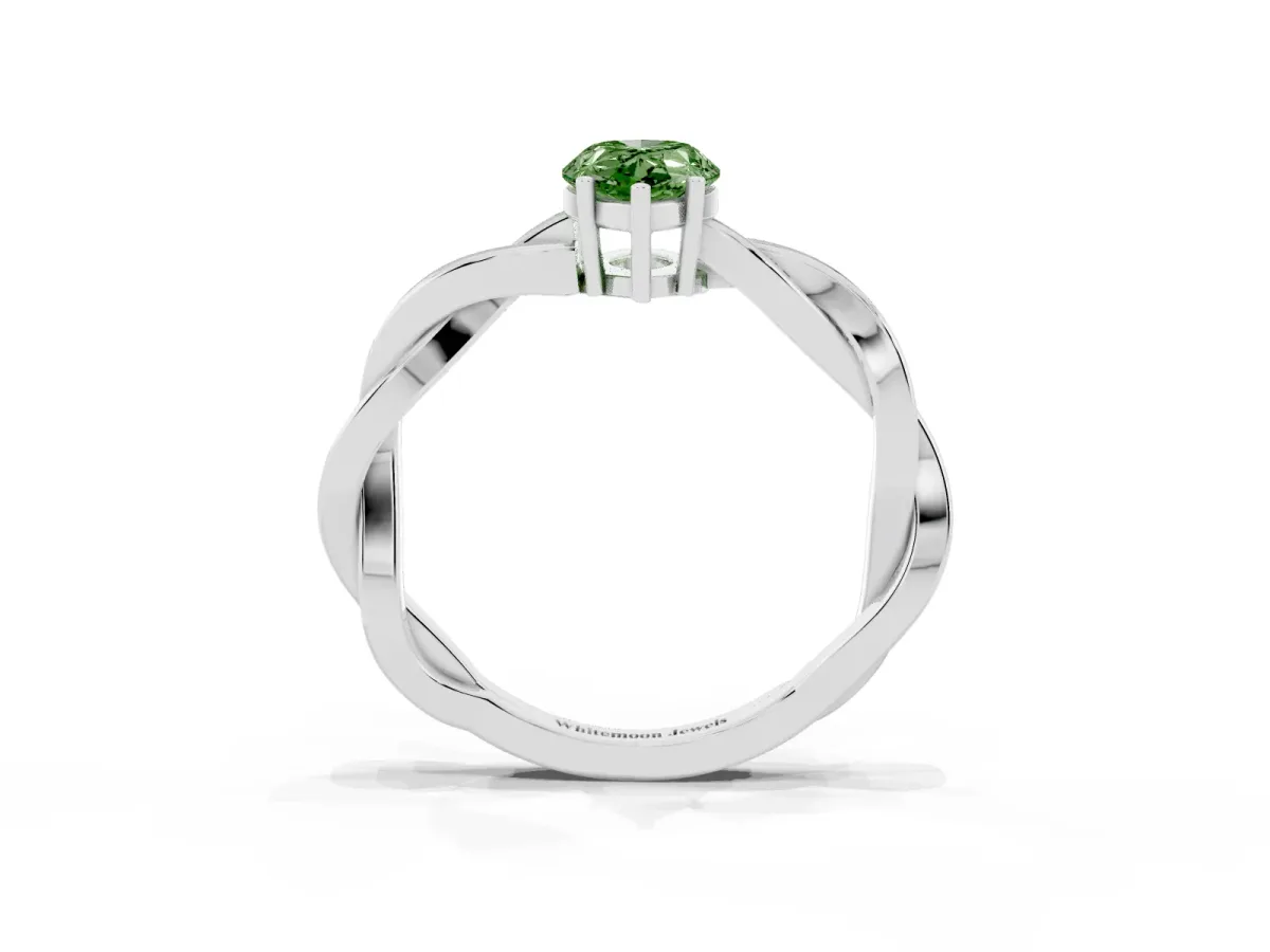 Fancy Green Pear Cut Solitaire Twisted Pave Diamond Ring with Four-Prong Setting Silver