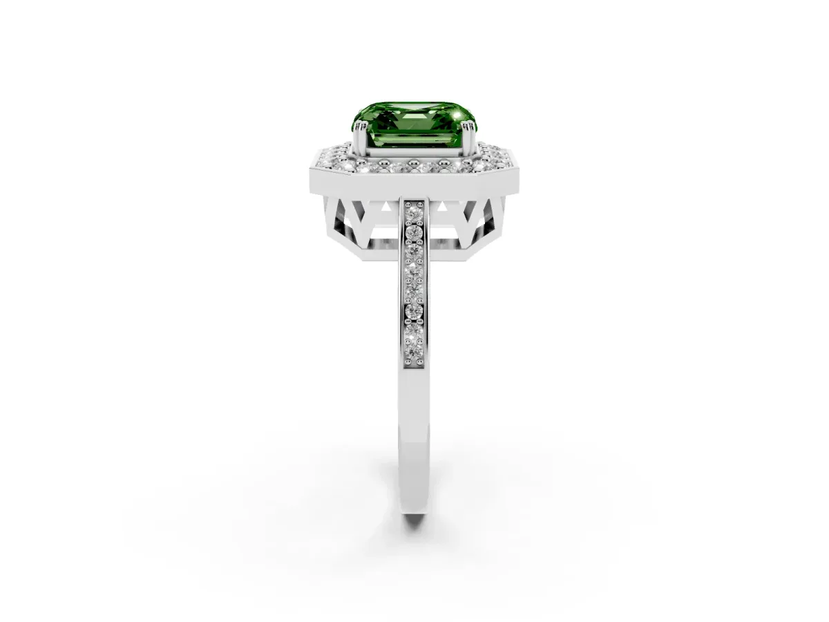 Fancy Green Asscher Cut Diamond Halo Ring with Split Shank and Four-Prong Setting Silver
