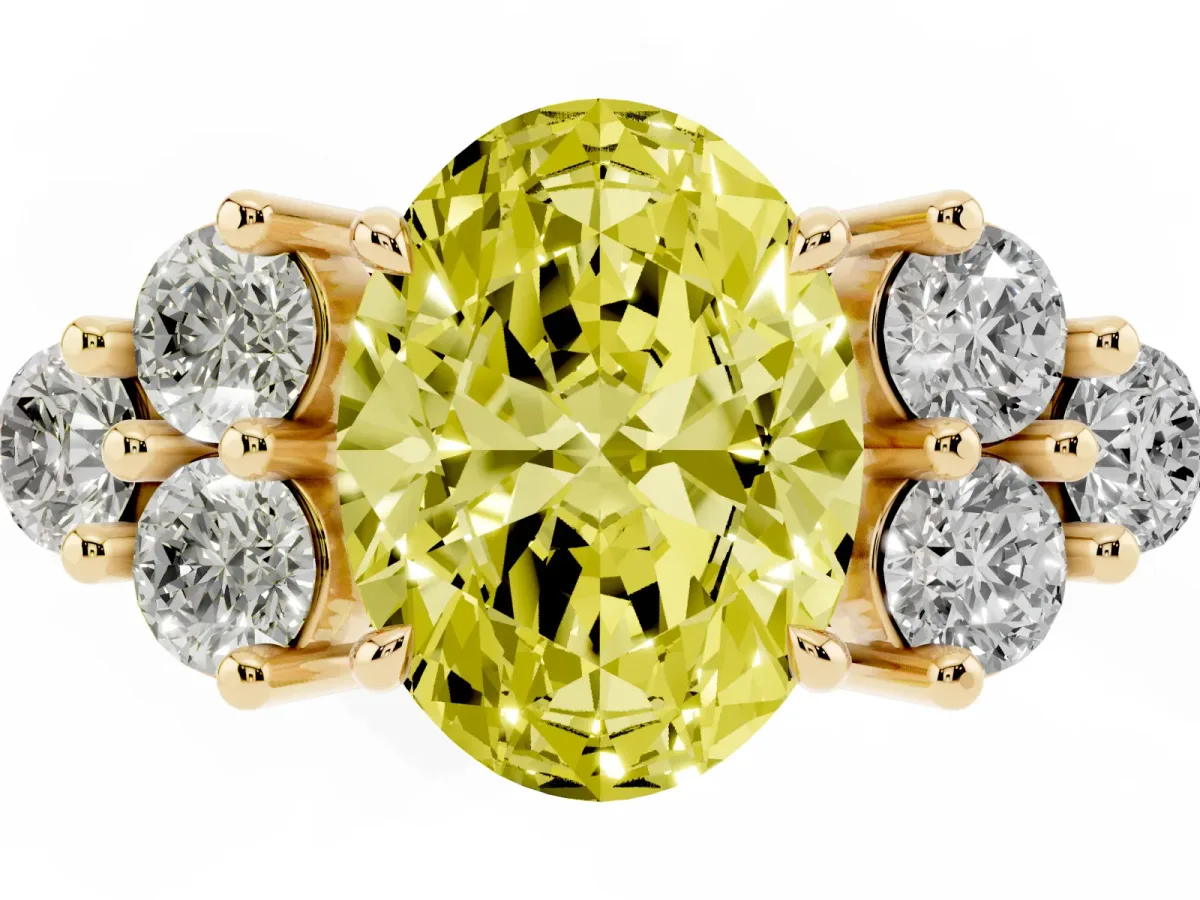 Fancy Yellow Oval Cut Brilliant Diamond Cluster Accent Solitaire Ring with Prong Setting Yellow gold