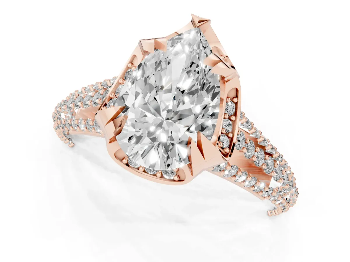 Pear Cut Solitaire Pave Split Shank Ring with Four-Prong Setting Rose gold