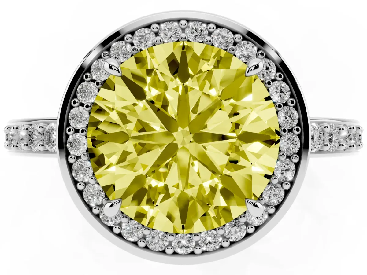 Fancy Yellow Round Cut Halo Pave Band Solitaire Ring with Prong Setting Silver