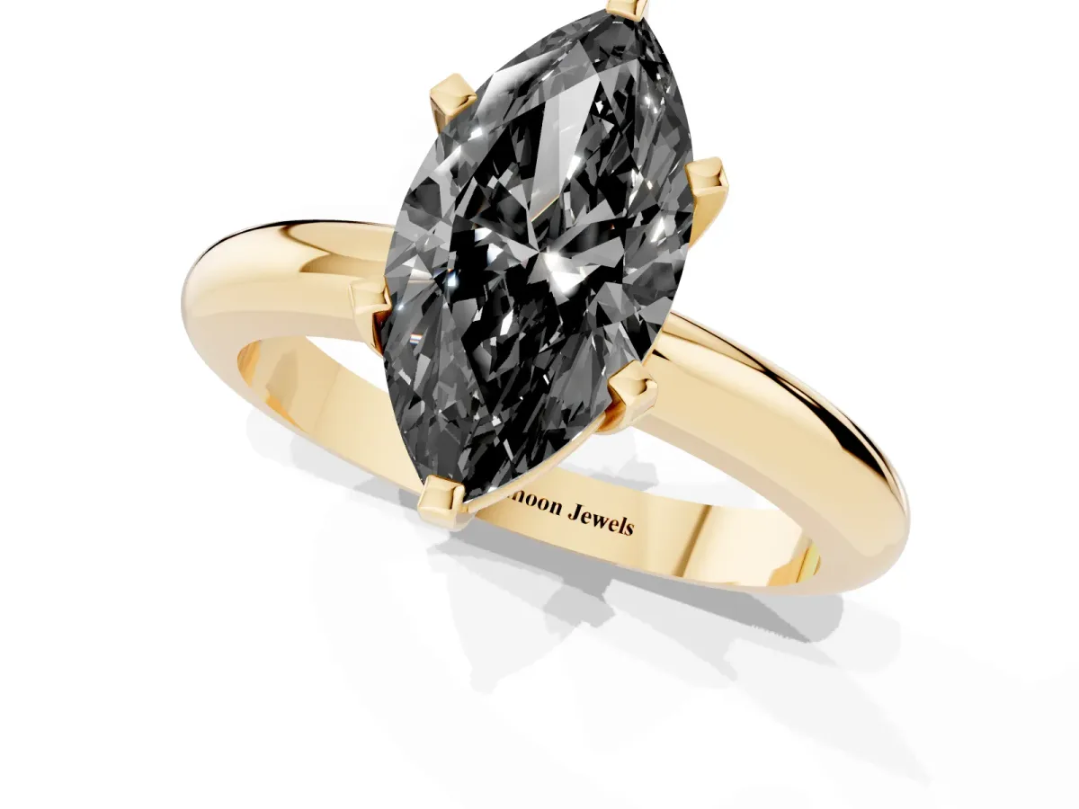 Fancy Black Marquise Cut Diamond Solitaire Engagement Ring with Round Band and Four-Prong Setting Yellow gold