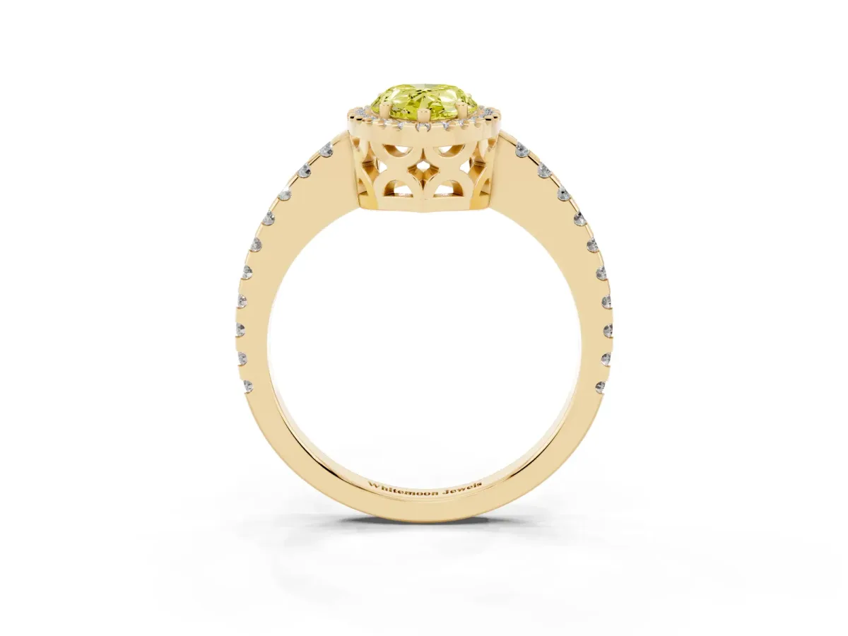 Fancy Yellow Pear Cut Diamond Halo Engagement Ring with Pavé Band and Prong Setting Yellow gold