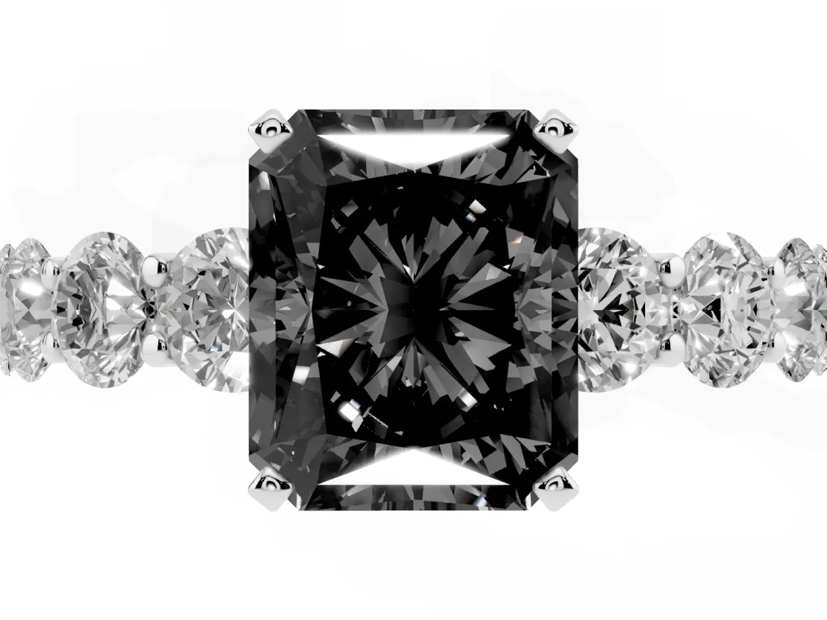 Fancy Black Radiant Cut Diamond Prong Setting with Side Stones on a Pave Band Silver