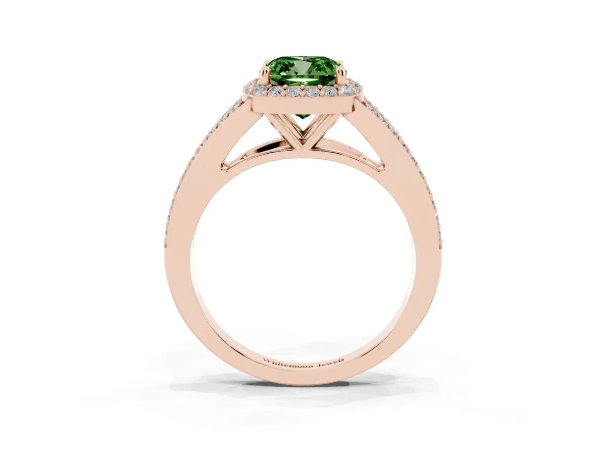 Fancy Green Cushion Cut Halo Split Shank Pave Diamond Ring with Four-Prong Setting Rose gold
