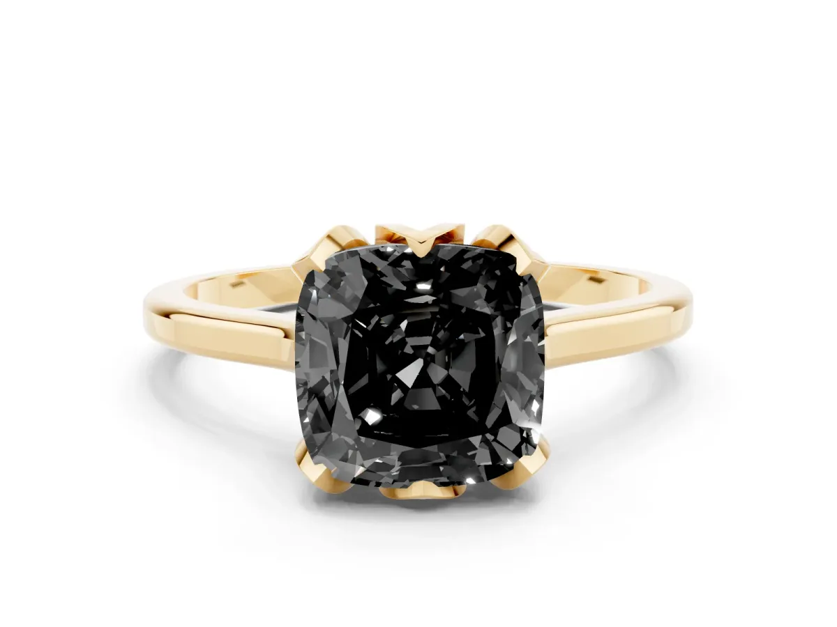 Fancy Black Cushion Cut Diamond Solitaire Ring with Flower Prong Setting and Classic Band Yellow gold
