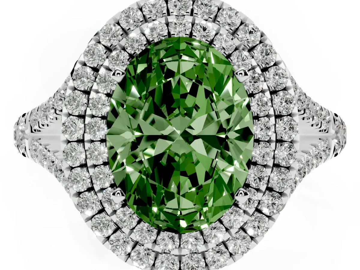 Fancy Green Oval Cut Cut Double Halo Split Shank Diamond Ring with Prong Setting Silver