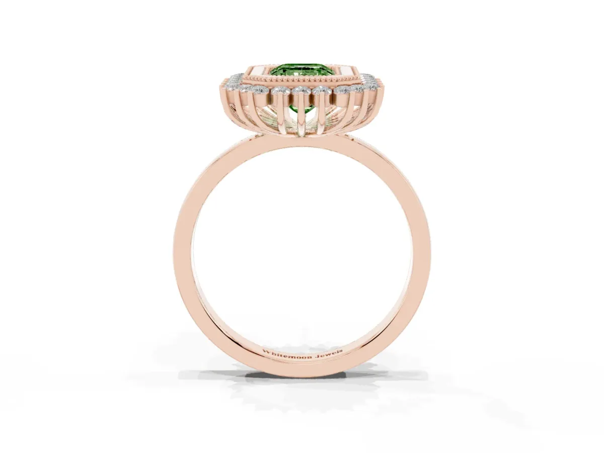 Fancy Green Emerald Cut Halo Diamond Ring with Milgrain Edge and Round Prong Setting Rose gold