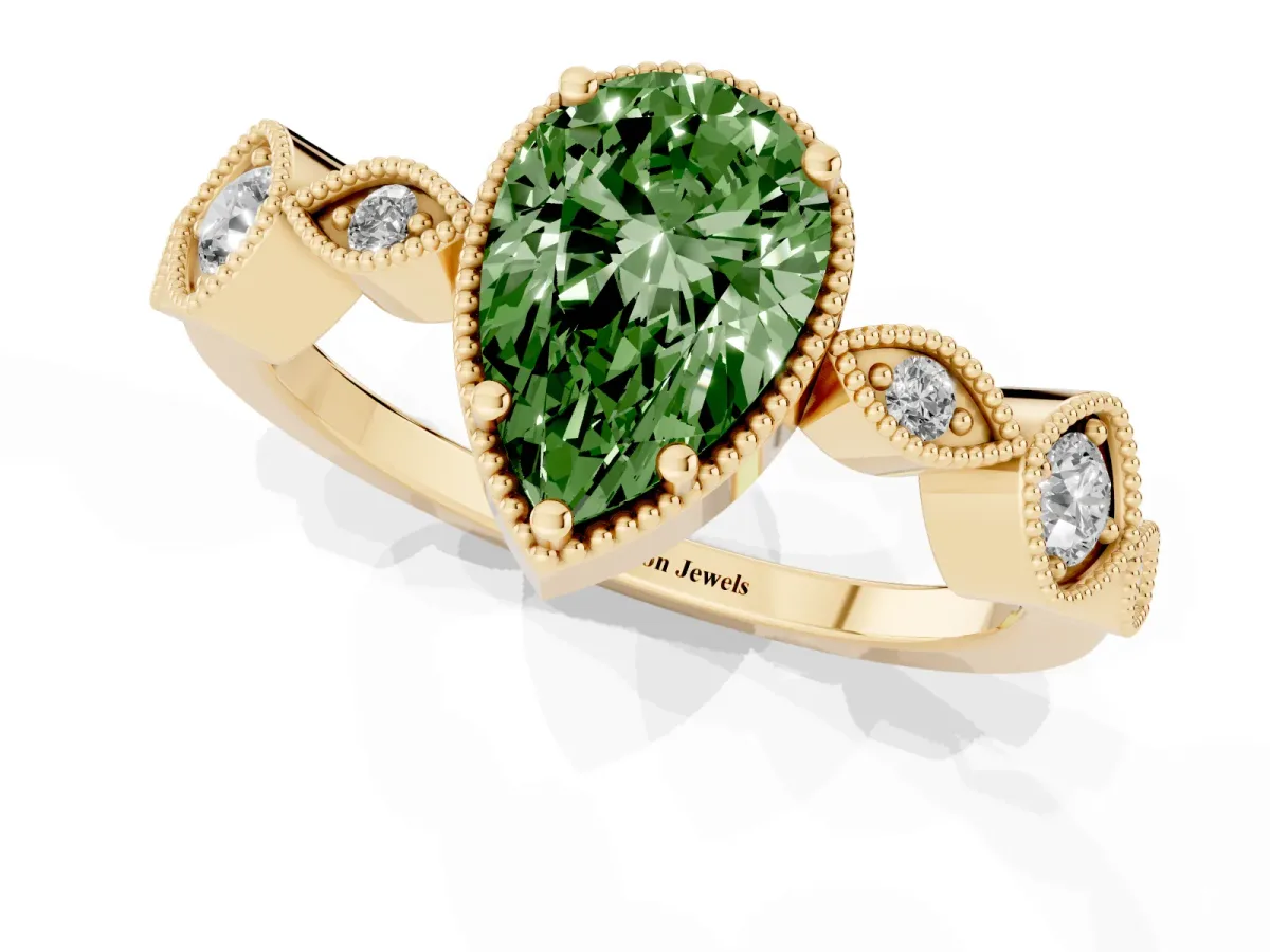 Fancy Green Pear Cut Diamond Vintage Milgrain Ring with Round Stations Yellow gold