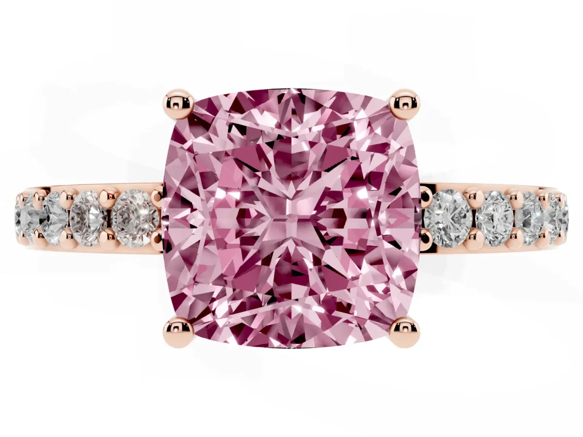 Fancy Pink Cushion Cut Cut Diamond Solitaire with Pave Band and Four-Prong Setting Rose gold