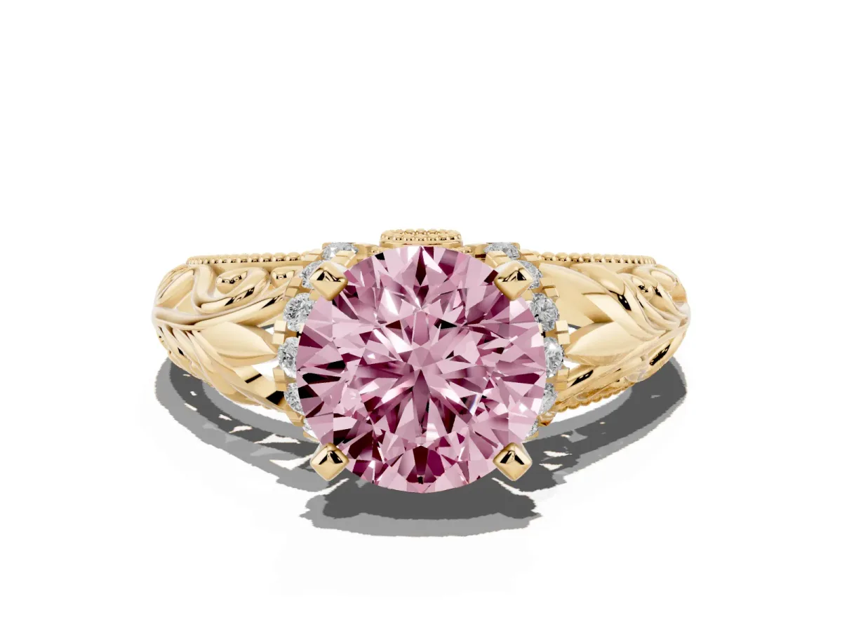 Fancy Pink Round Cut Solitaire Filigree Engagement Ring with Halo and Prong Setting Yellow gold