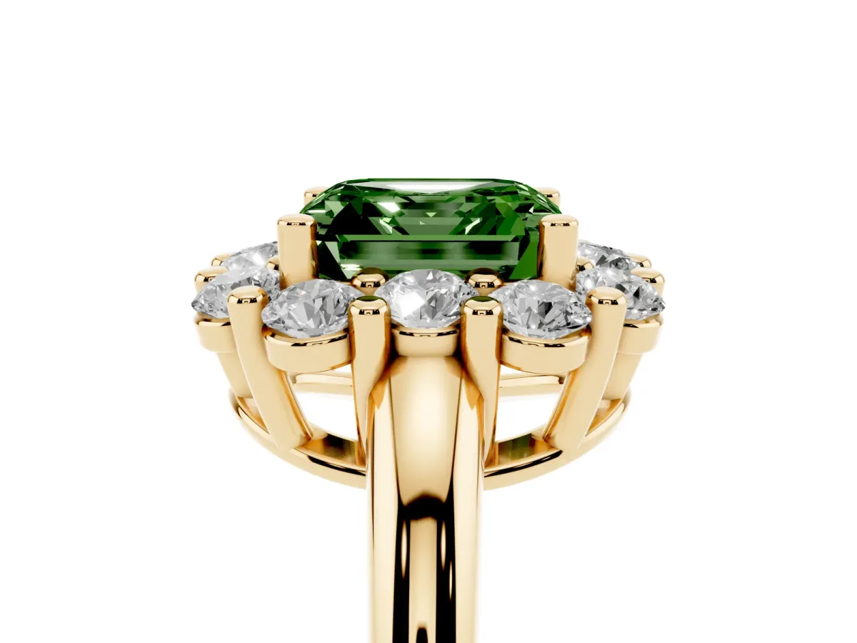 Fancy Green Asscher Cut Halo Cluster Diamond Engagement Ring with Prong Setting and Polished Band Yellow gold