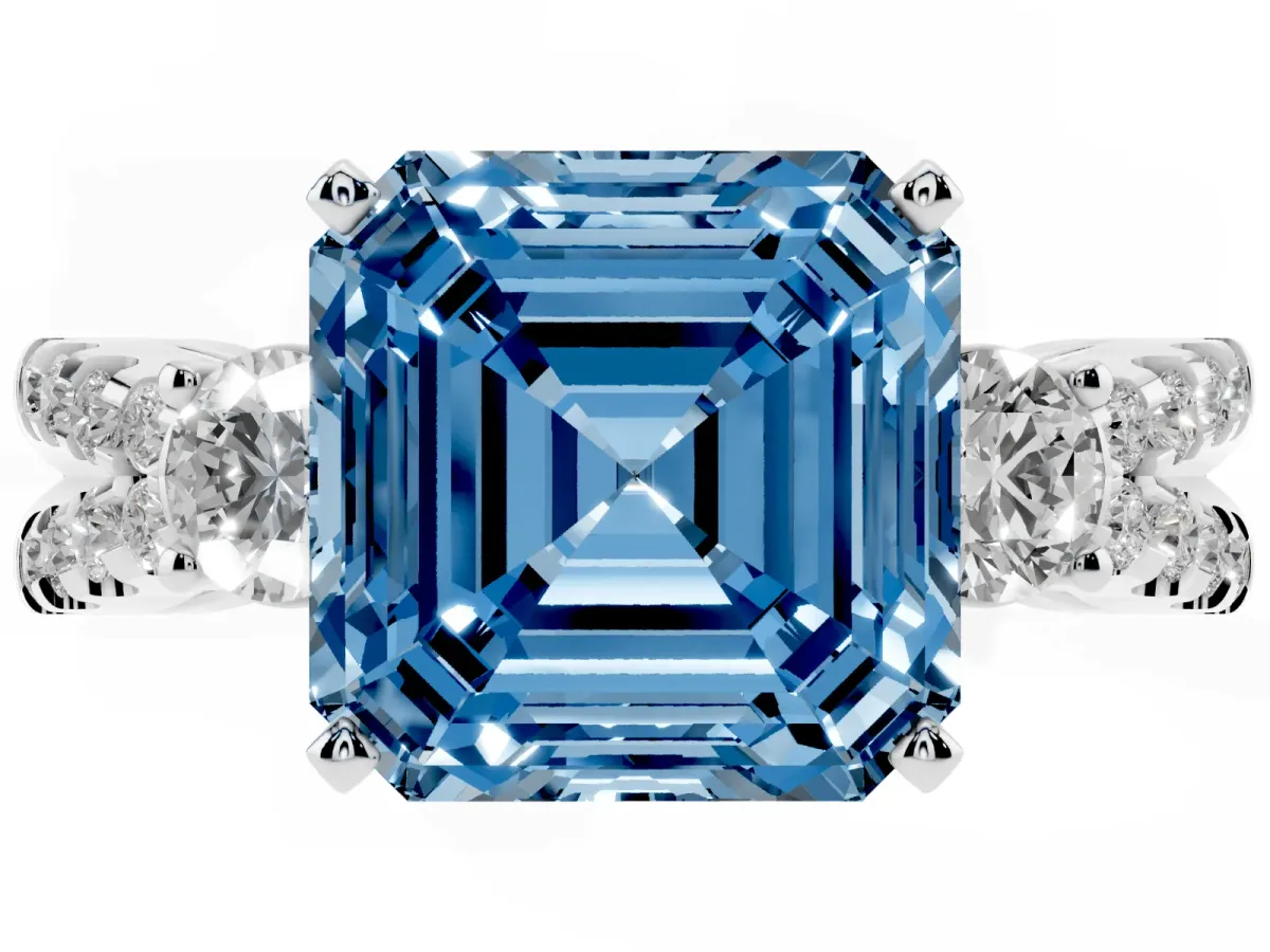Fancy Blue Asscher Cut Diamond Three-Stone Ring with Pavé Split Shank and Four-Prong Setting Platinum