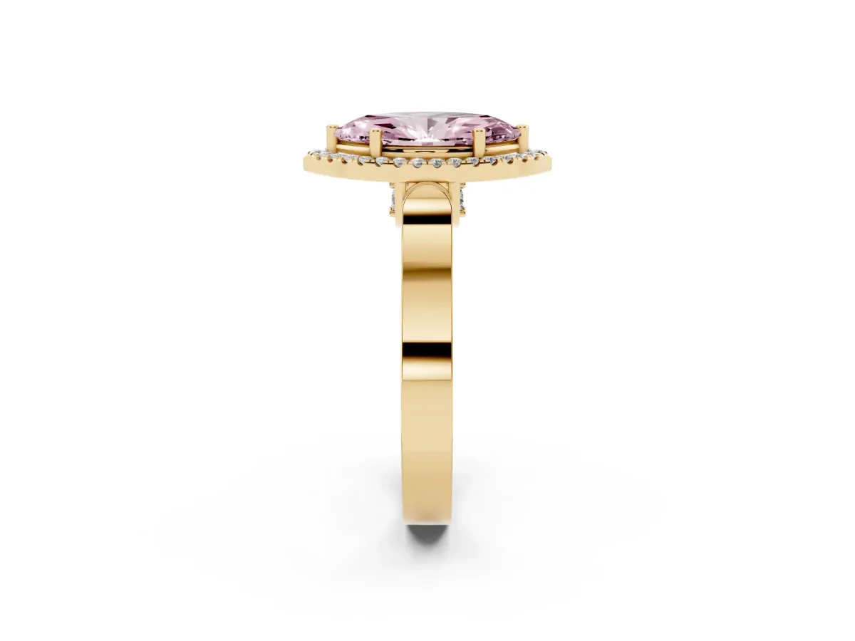 Fancy Pink Marquise Cut Halo Round Diamond Twist Band with Four-Prong Setting Yellow gold