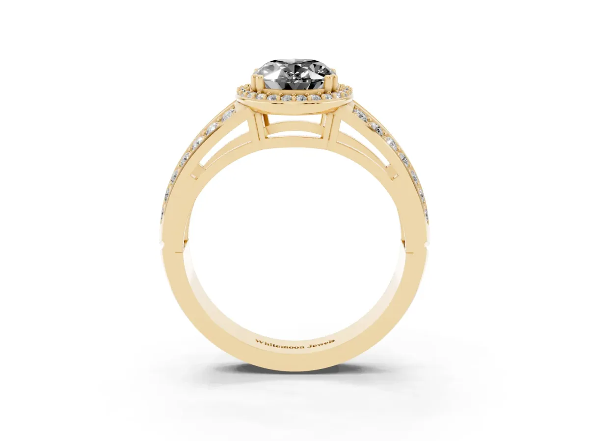 Fancy Black Oval Cut Diamond Halo Ring with Split Shank Pavé Band and Four-Prong Setting Yellow gold
