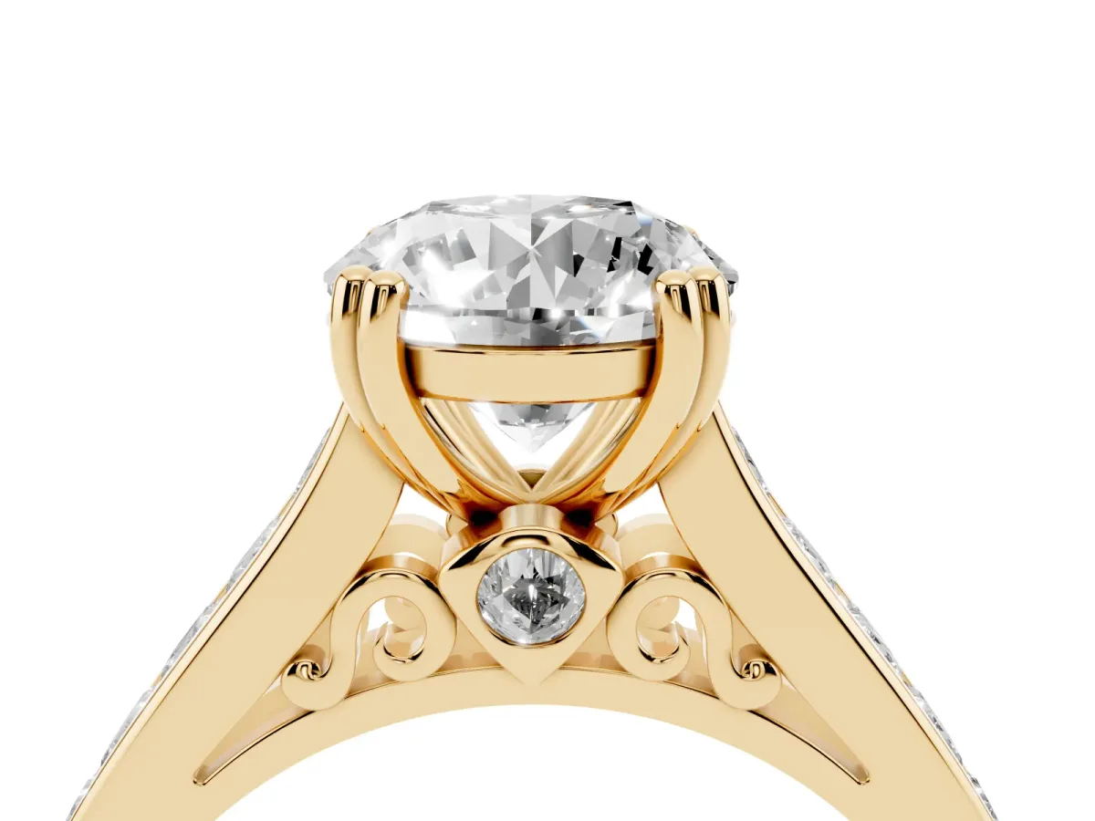 Round Cut Cut Channel Set Solitaire Engagement Ring with Prong Setting Yellow gold