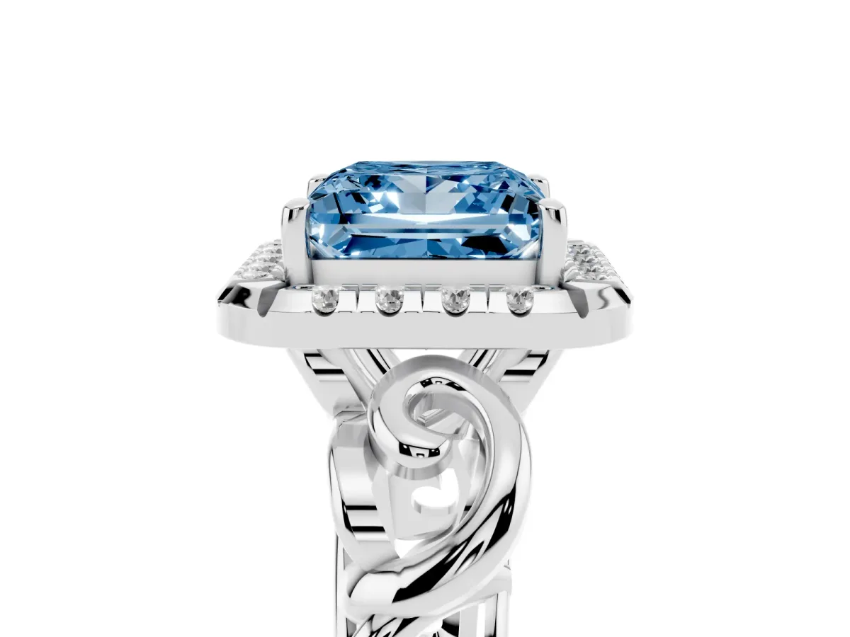 Fancy Blue Princess Cut Cut Halo Diamond Ring with Scrollwork Band and Four-Prong Setting Silver