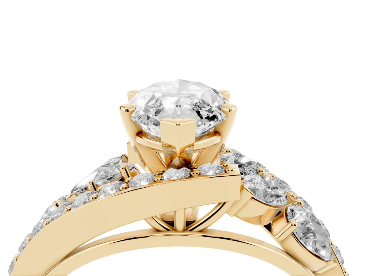 Marquise Cut Diamond Halo Ring with Marquise and Pavé Band in Prong Setting Yellow gold