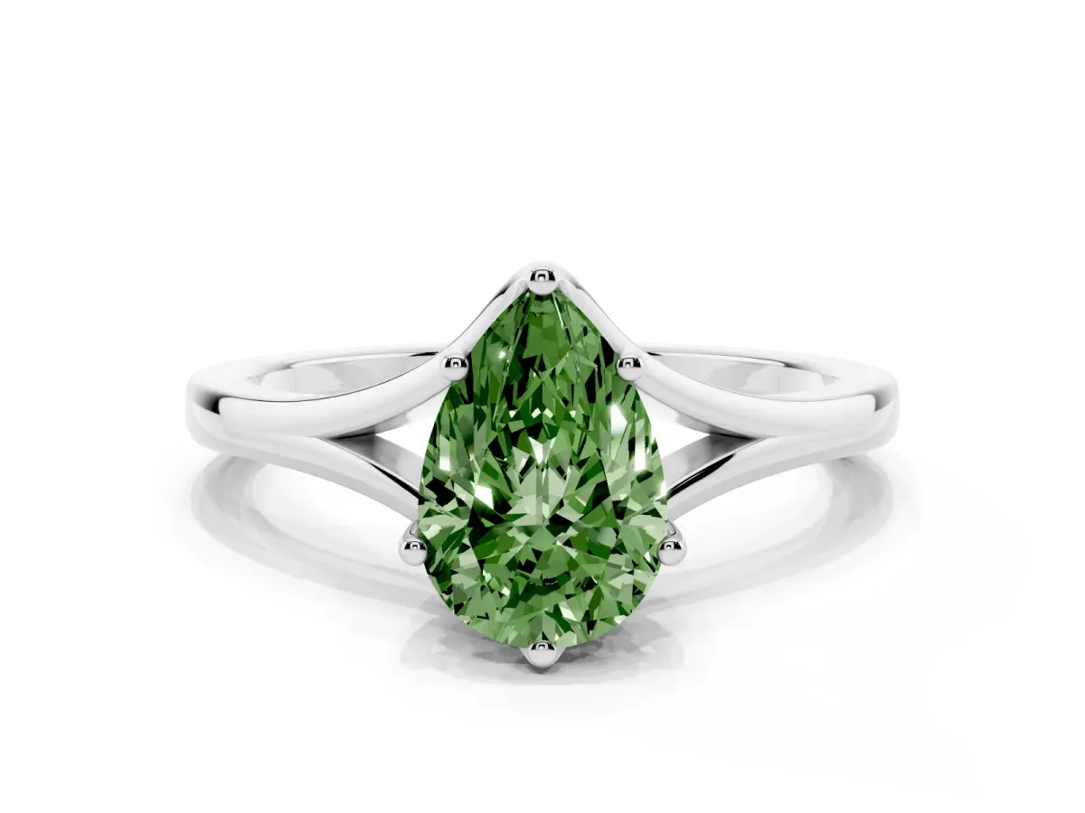 Fancy Green Pear Cut Solitaire Diamond Ring with Six-Prong Setting and Tapered Band Silver