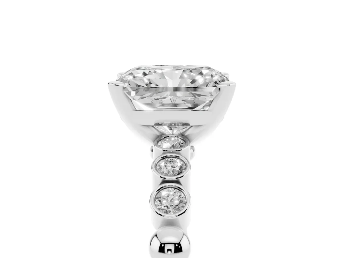 Radiant Cut Solitaire Bezel Accent Diamond Engagement Ring with Beaded Band and Four-Prong Setting Silver