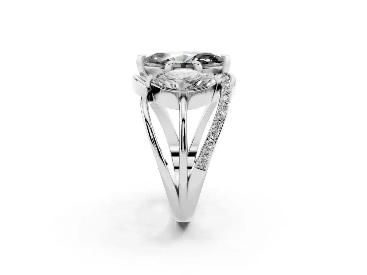 Fancy Black Three-Stone Marquise Cut Cut Diamond Split Shank Prong Set Ring Platinum