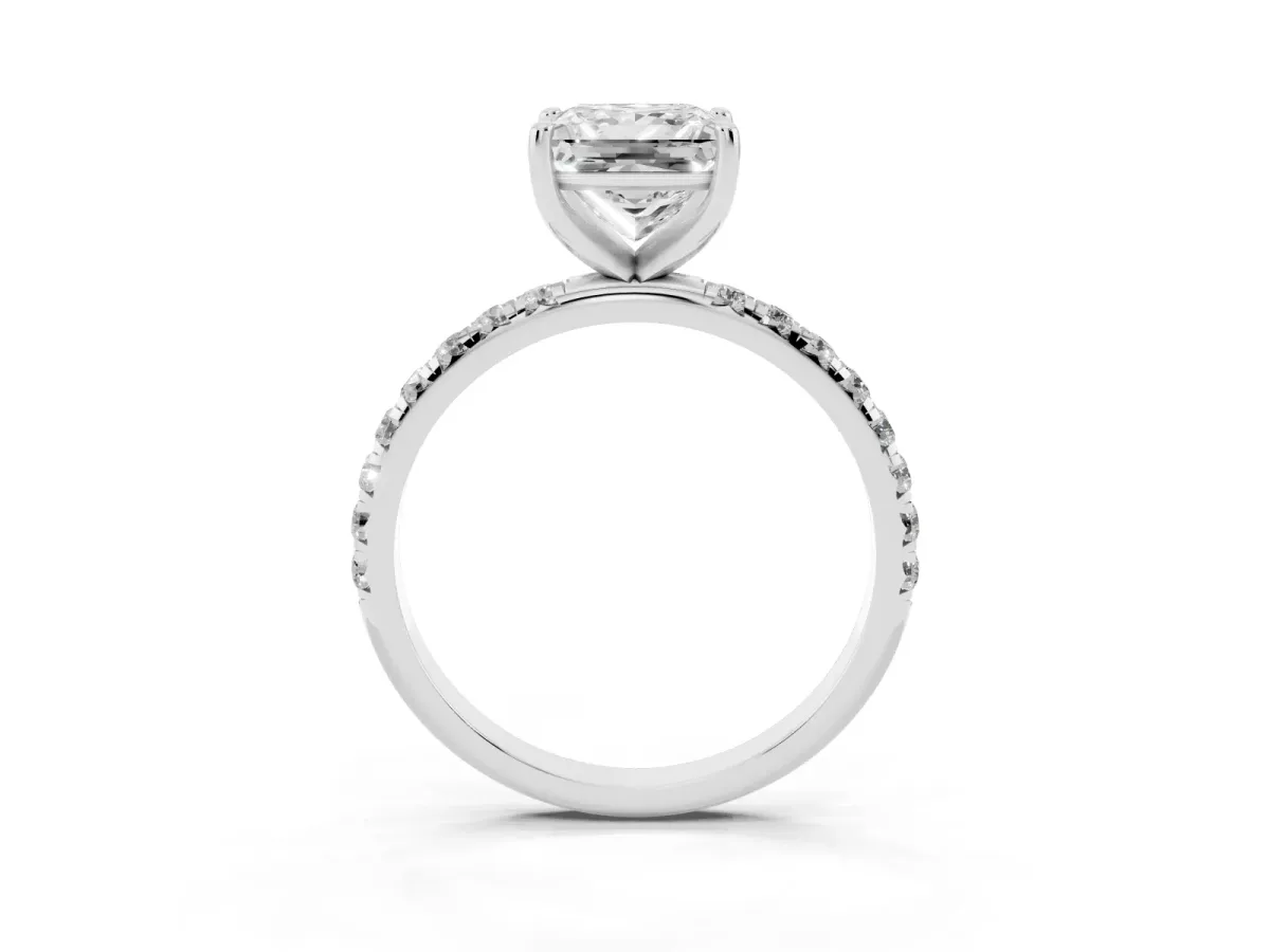 Princess Cut Cut Diamond Solitaire Ring with Micro Pave Band and Four Prong Setting Silver