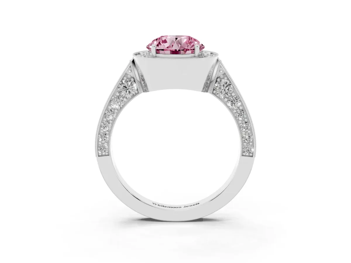 Fancy Pink Round Cut Halo Diamond Engagement Ring with Split Shank Band and Four-Prong Setting Silver