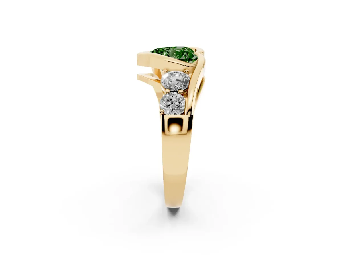 Fancy Green Bezel Set Heart Cut Diamond Bypass Ring with Round Accents Yellow gold
