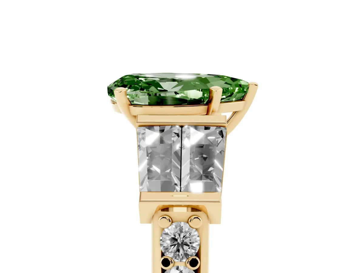 Fancy Green Pear Cut Diamond Engagement Ring with Baguette Side Stones and Channel Set Band Yellow gold