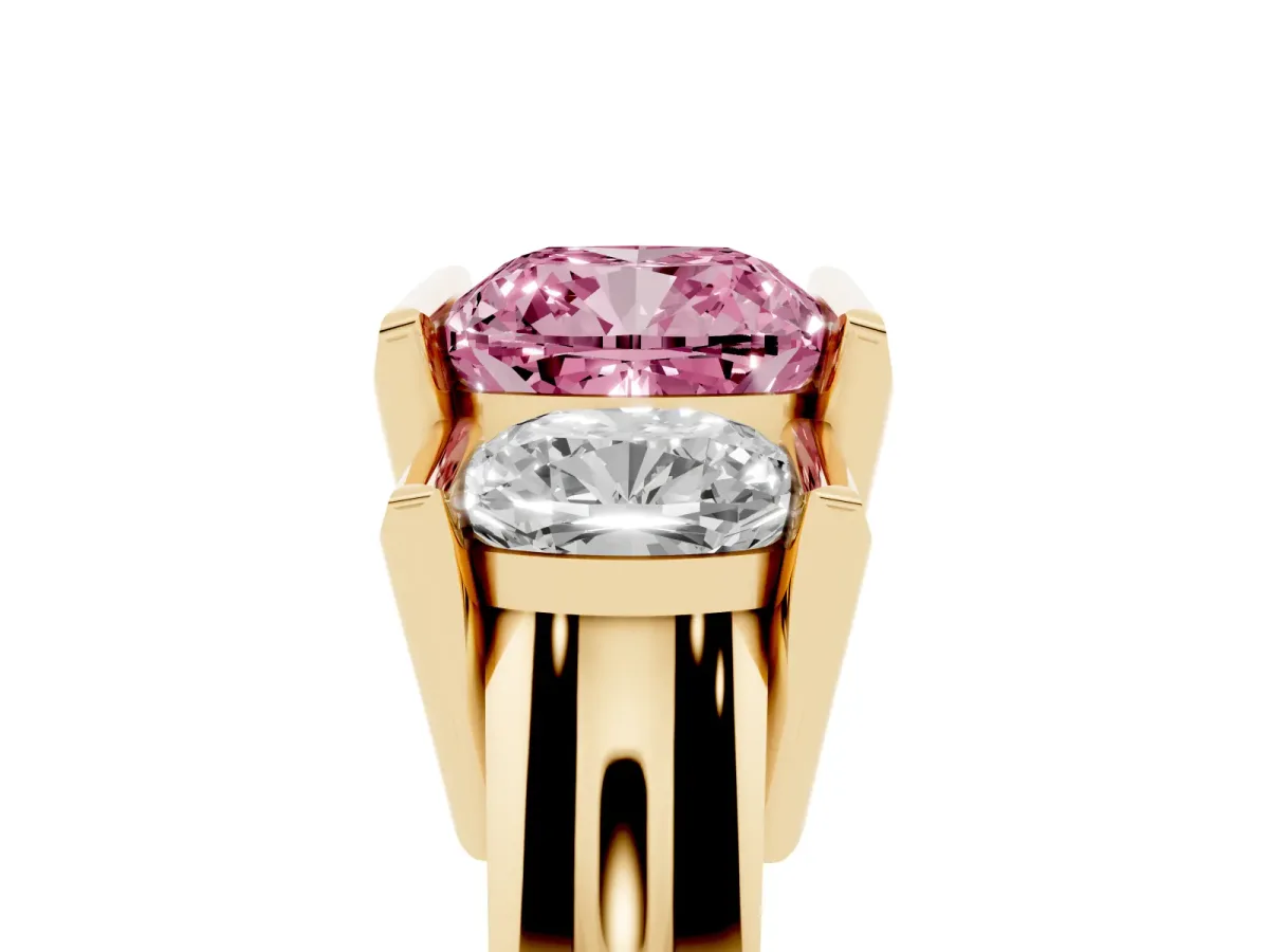 Fancy Pink Three Stone Cushion Cut Cut Channel Set Diamond Ring Yellow gold