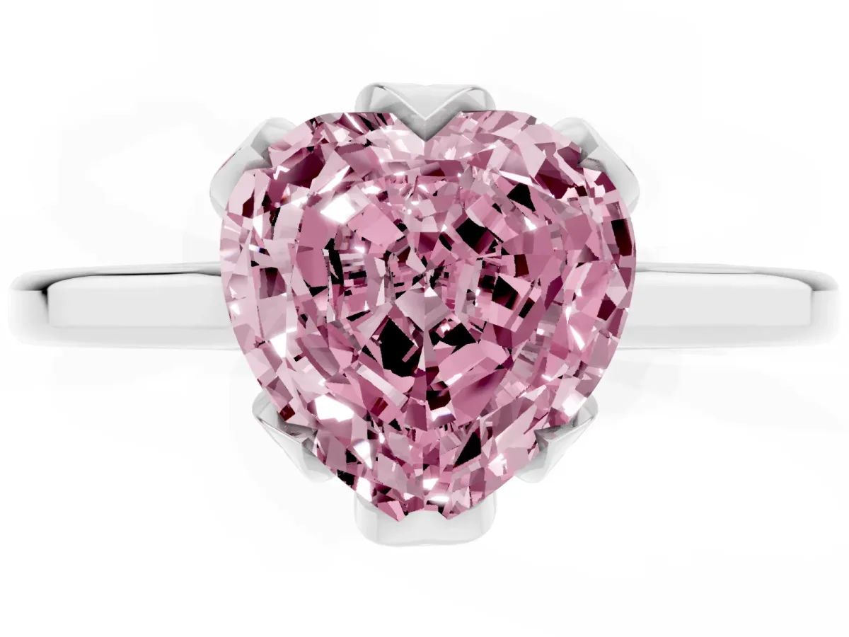 Fancy Pink Heart Cut Diamond Solitaire Ring with Flower Prong Setting and Classic Band Silver
