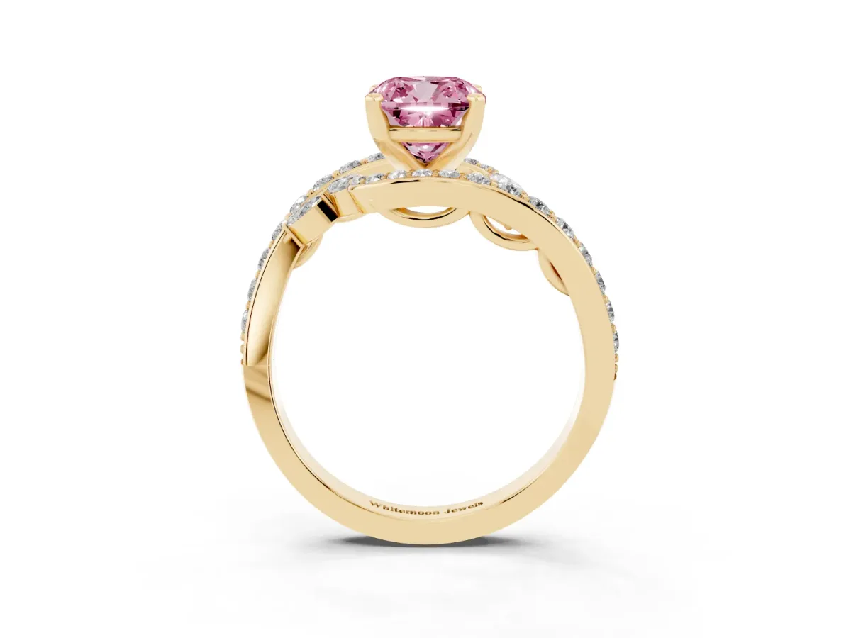 Fancy Pink Cushion Cut Diamond Solitaire Ring with Filigree Band and Four-Prong Setting Yellow gold